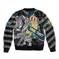 Personalized Sweden Vikings Bomber Jacket Nordic Lion Bound in Runes and Chains