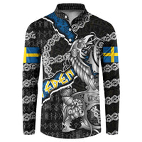 Personalized Sweden Vikings Button Sweatshirt Nordic Lion Bound in Runes and Chains