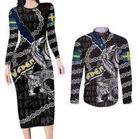 Personalized Sweden Vikings Couples Matching Long Sleeve Bodycon Dress and Long Sleeve Button Shirt Nordic Lion Bound in Runes and Chains