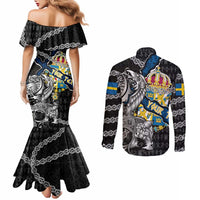 Personalized Sweden Vikings Couples Matching Mermaid Dress and Long Sleeve Button Shirt Nordic Lion Bound in Runes and Chains