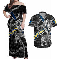Personalized Sweden Vikings Couples Matching Off Shoulder Maxi Dress and Hawaiian Shirt Nordic Lion Bound in Runes and Chains