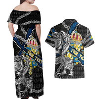 Personalized Sweden Vikings Couples Matching Off Shoulder Maxi Dress and Hawaiian Shirt Nordic Lion Bound in Runes and Chains