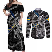 Personalized Sweden Vikings Couples Matching Off Shoulder Maxi Dress and Long Sleeve Button Shirt Nordic Lion Bound in Runes and Chains