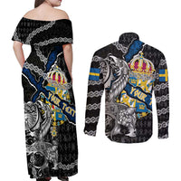 Personalized Sweden Vikings Couples Matching Off Shoulder Maxi Dress and Long Sleeve Button Shirt Nordic Lion Bound in Runes and Chains