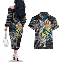 Personalized Sweden Vikings Couples Matching Off The Shoulder Long Sleeve Dress and Hawaiian Shirt Nordic Lion Bound in Runes and Chains