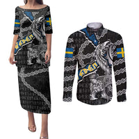 Personalized Sweden Vikings Couples Matching Puletasi and Long Sleeve Button Shirt Nordic Lion Bound in Runes and Chains