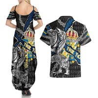 Personalized Sweden Vikings Couples Matching Summer Maxi Dress and Hawaiian Shirt Nordic Lion Bound in Runes and Chains