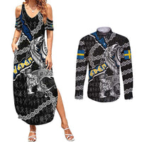 Personalized Sweden Vikings Couples Matching Summer Maxi Dress and Long Sleeve Button Shirt Nordic Lion Bound in Runes and Chains
