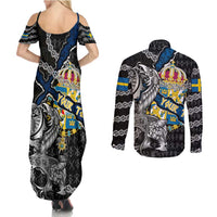 Personalized Sweden Vikings Couples Matching Summer Maxi Dress and Long Sleeve Button Shirt Nordic Lion Bound in Runes and Chains