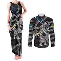 Personalized Sweden Vikings Couples Matching Tank Maxi Dress and Long Sleeve Button Shirt Nordic Lion Bound in Runes and Chains