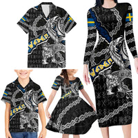 Personalized Sweden Vikings Family Matching Long Sleeve Bodycon Dress and Hawaiian Shirt Nordic Lion Bound in Runes and Chains