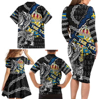 Personalized Sweden Vikings Family Matching Long Sleeve Bodycon Dress and Hawaiian Shirt Nordic Lion Bound in Runes and Chains