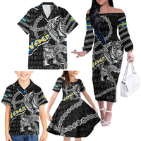Personalized Sweden Vikings Family Matching Off The Shoulder Long Sleeve Dress and Hawaiian Shirt Nordic Lion Bound in Runes and Chains