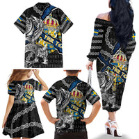 Personalized Sweden Vikings Family Matching Off The Shoulder Long Sleeve Dress and Hawaiian Shirt Nordic Lion Bound in Runes and Chains