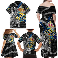 Personalized Sweden Vikings Family Matching Off Shoulder Maxi Dress and Hawaiian Shirt Nordic Lion Bound in Runes and Chains