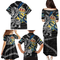 Personalized Sweden Vikings Family Matching Puletasi and Hawaiian Shirt Nordic Lion Bound in Runes and Chains