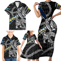 Personalized Sweden Vikings Family Matching Short Sleeve Bodycon Dress and Hawaiian Shirt Nordic Lion Bound in Runes and Chains