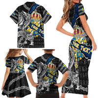Personalized Sweden Vikings Family Matching Short Sleeve Bodycon Dress and Hawaiian Shirt Nordic Lion Bound in Runes and Chains