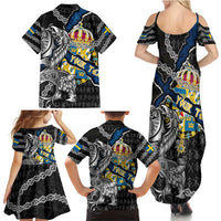 Personalized Sweden Vikings Family Matching Summer Maxi Dress and Hawaiian Shirt Nordic Lion Bound in Runes and Chains