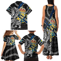 Personalized Sweden Vikings Family Matching Tank Maxi Dress and Hawaiian Shirt Nordic Lion Bound in Runes and Chains