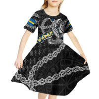Personalized Sweden Vikings Kid Short Sleeve Dress Nordic Lion Bound in Runes and Chains