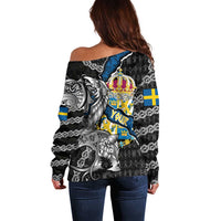 Personalized Sweden Vikings Off Shoulder Sweater Nordic Lion Bound in Runes and Chains