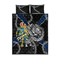 Sweden Vikings Quilt Bed Set Nordic Lion Bound in Runes and Chains