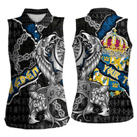 Personalized Sweden Vikings Women Sleeveless Polo Shirt Nordic Lion Bound in Runes and Chains