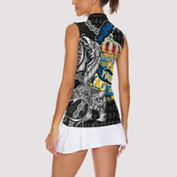 Personalized Sweden Vikings Women Sleeveless Polo Shirt Nordic Lion Bound in Runes and Chains