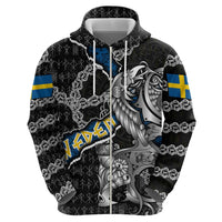 Personalized Sweden Vikings Zip Hoodie Nordic Lion Bound in Runes and Chains
