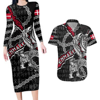 Personalized Denmark Vikings Couples Matching Long Sleeve Bodycon Dress and Hawaiian Shirt Nordic Lion Bound in Runes and Chains