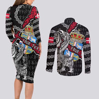 Personalized Denmark Vikings Couples Matching Long Sleeve Bodycon Dress and Long Sleeve Button Shirt Nordic Lion Bound in Runes and Chains