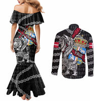 Personalized Denmark Vikings Couples Matching Mermaid Dress and Long Sleeve Button Shirt Nordic Lion Bound in Runes and Chains