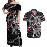 Personalized Denmark Vikings Couples Matching Off Shoulder Maxi Dress and Hawaiian Shirt Nordic Lion Bound in Runes and Chains