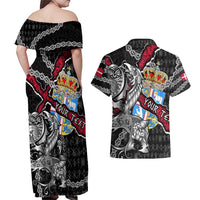 Personalized Denmark Vikings Couples Matching Off Shoulder Maxi Dress and Hawaiian Shirt Nordic Lion Bound in Runes and Chains
