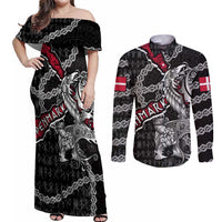 Personalized Denmark Vikings Couples Matching Off Shoulder Maxi Dress and Long Sleeve Button Shirt Nordic Lion Bound in Runes and Chains
