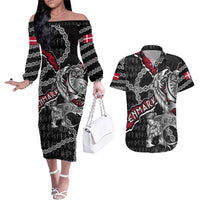Personalized Denmark Vikings Couples Matching Off The Shoulder Long Sleeve Dress and Hawaiian Shirt Nordic Lion Bound in Runes and Chains