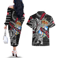 Personalized Denmark Vikings Couples Matching Off The Shoulder Long Sleeve Dress and Hawaiian Shirt Nordic Lion Bound in Runes and Chains