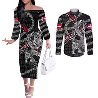 Personalized Denmark Vikings Couples Matching Off The Shoulder Long Sleeve Dress and Long Sleeve Button Shirt Nordic Lion Bound in Runes and Chains