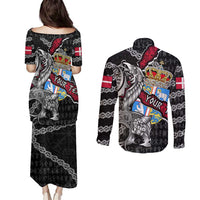 Personalized Denmark Vikings Couples Matching Puletasi and Long Sleeve Button Shirt Nordic Lion Bound in Runes and Chains