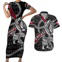 Personalized Denmark Vikings Couples Matching Short Sleeve Bodycon Dress and Hawaiian Shirt Nordic Lion Bound in Runes and Chains