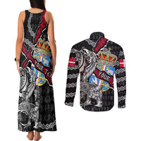 Personalized Denmark Vikings Couples Matching Tank Maxi Dress and Long Sleeve Button Shirt Nordic Lion Bound in Runes and Chains