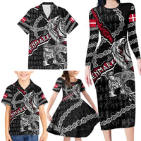 Personalized Denmark Vikings Family Matching Long Sleeve Bodycon Dress and Hawaiian Shirt Nordic Lion Bound in Runes and Chains