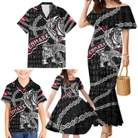 Personalized Denmark Vikings Family Matching Mermaid Dress and Hawaiian Shirt Nordic Lion Bound in Runes and Chains