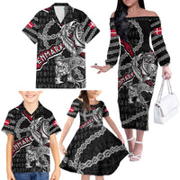 Personalized Denmark Vikings Family Matching Off The Shoulder Long Sleeve Dress and Hawaiian Shirt Nordic Lion Bound in Runes and Chains