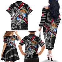 Personalized Denmark Vikings Family Matching Off The Shoulder Long Sleeve Dress and Hawaiian Shirt Nordic Lion Bound in Runes and Chains
