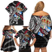 Personalized Denmark Vikings Family Matching Off Shoulder Short Dress and Hawaiian Shirt Nordic Lion Bound in Runes and Chains