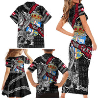 Personalized Denmark Vikings Family Matching Short Sleeve Bodycon Dress and Hawaiian Shirt Nordic Lion Bound in Runes and Chains