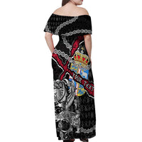 Personalized Denmark Vikings Off Shoulder Maxi Dress Nordic Lion Bound in Runes and Chains