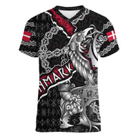 Personalized Denmark Vikings Women V-Neck T-Shirt Nordic Lion Bound in Runes and Chains